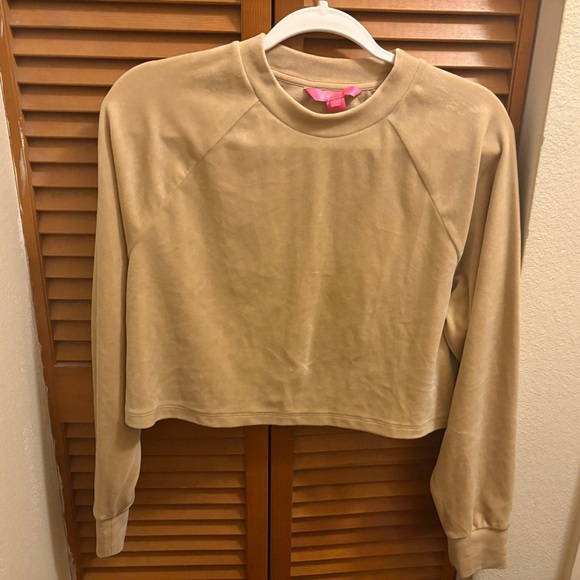 Lilly Pulitzer Zelek Crew Neck Velour Cropped Pullover Size Large Tan Beige - Picture 5 of 5